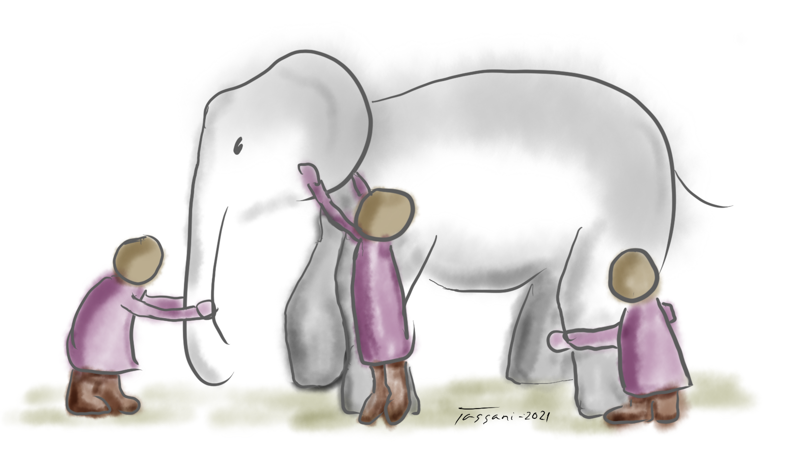 A symbolic image of three men touching an alephant Blind men and the elephant